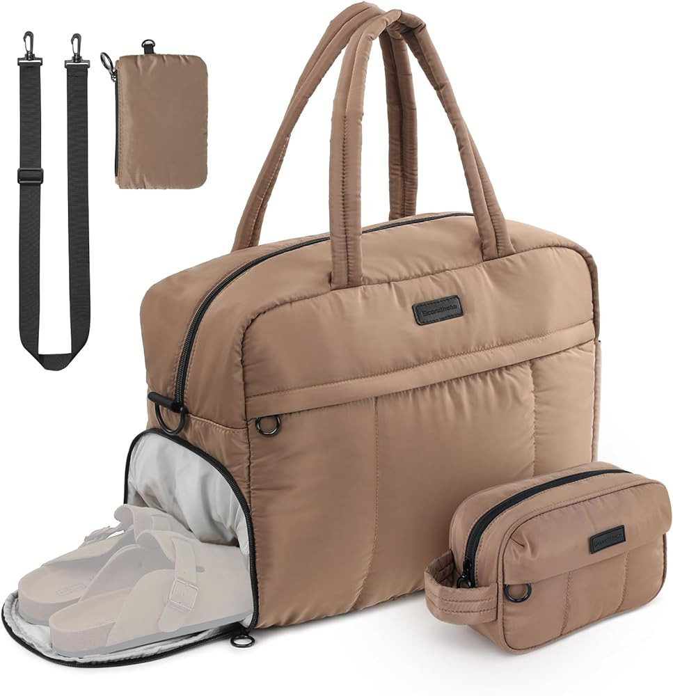 Travel Duffel Bag, Puffy Sports Tote Puffer Gym Bag with Toiletry Bag & Shoes Compartment, Quilte... | Amazon (US)