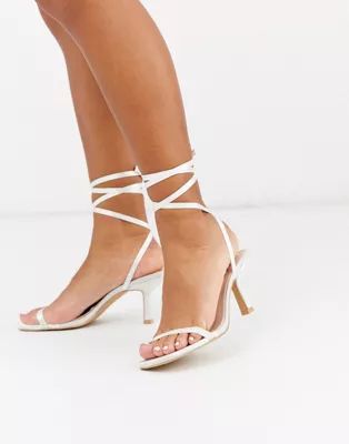Be Mine Bridal Levinia ankle tie heeled sandals in ivory satin | ASOS (Global)