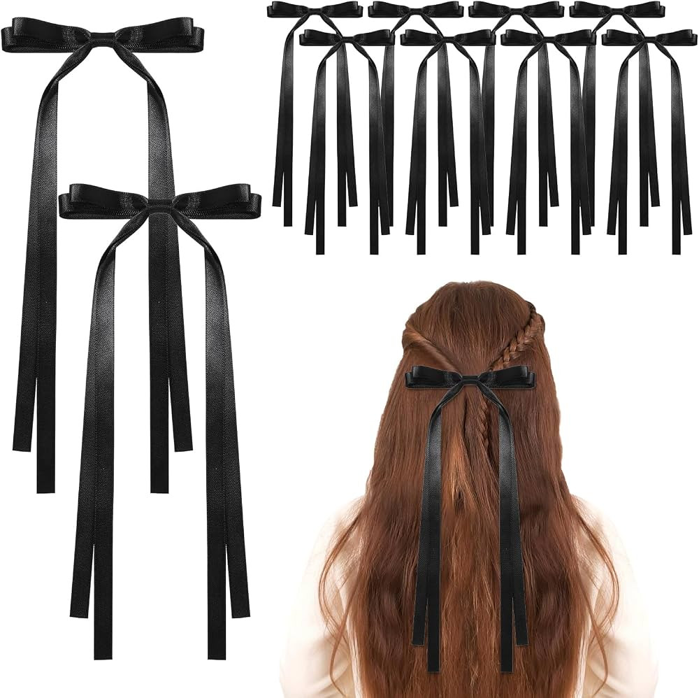 10 PCS Bows Hair Clips Tassel Ribbon Bowknot Hair Clips Long Tail Ribbon Hair Bow Clips Solid Sat... | Amazon (US)