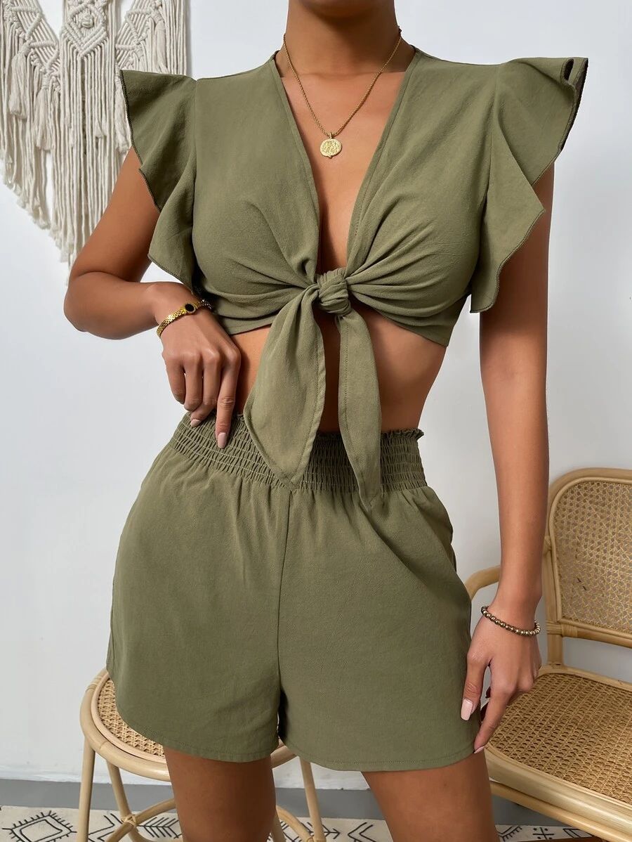 Tie Front Butterfly Sleeve Top & Shorts Set | SHEIN