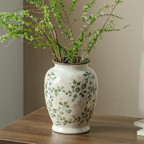 Vintage Green and Beige Vase, Round Ceramic Floral Vases, Retro Ice Cracked Chinoiserie Vase for ... | Amazon (US)