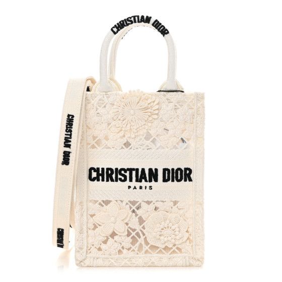CHRISTIAN DIOR Embroidered D-Lace Mini Book Tote Phone Bag White Black | FASHIONPHILE (US)