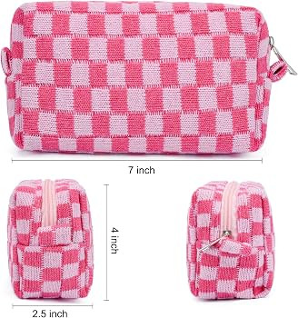 SOIDRAM 2 Pieces Makeup Bag Pouch Checkered Cosmetic Bag Pink Green, Travel Toiletry Bag Organize... | Amazon (US)