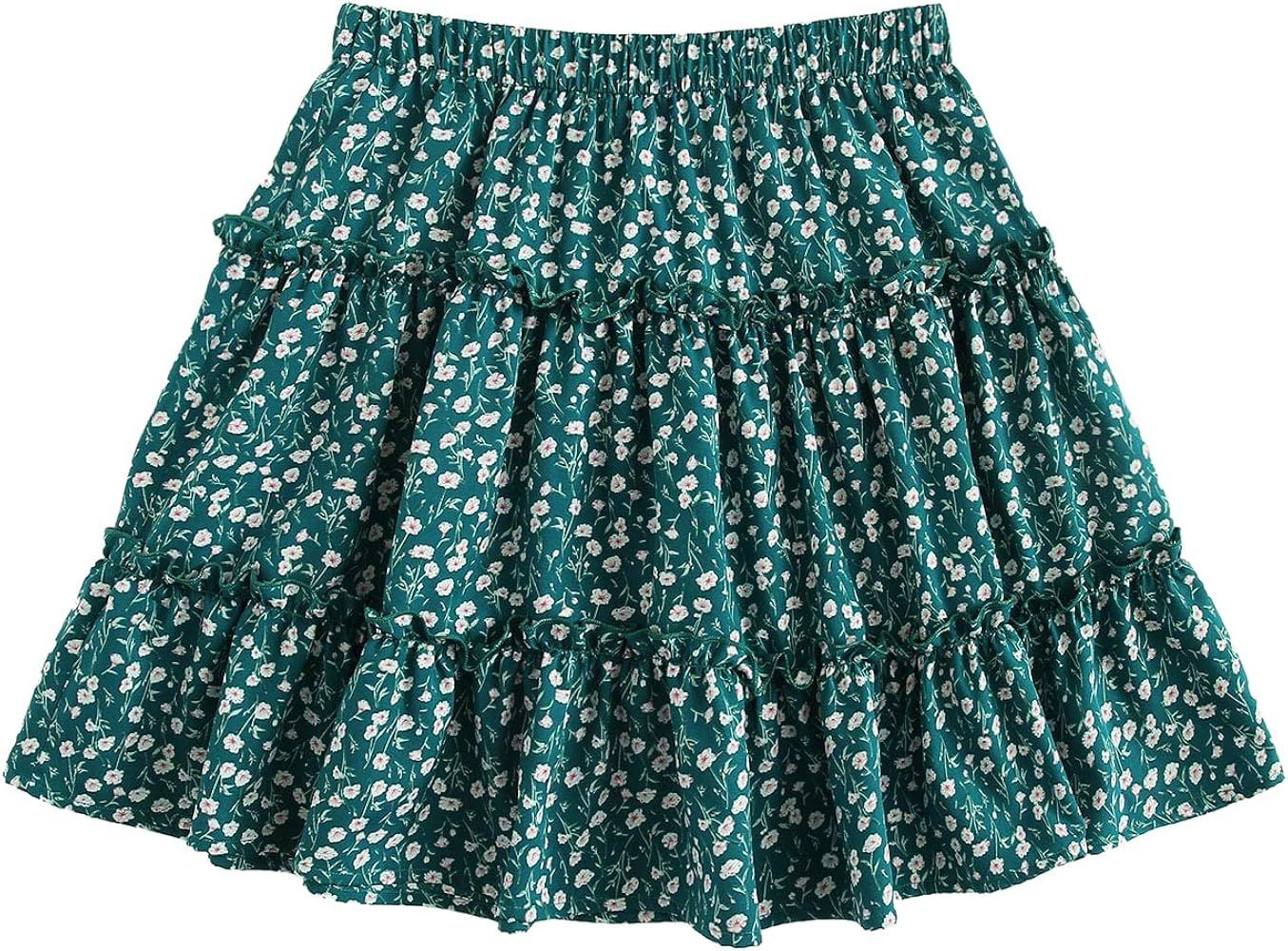 SheIn Women's Boho Floral Print Layered Frill Trim Ditsy Mini Short Flared Skirt | Amazon (US)