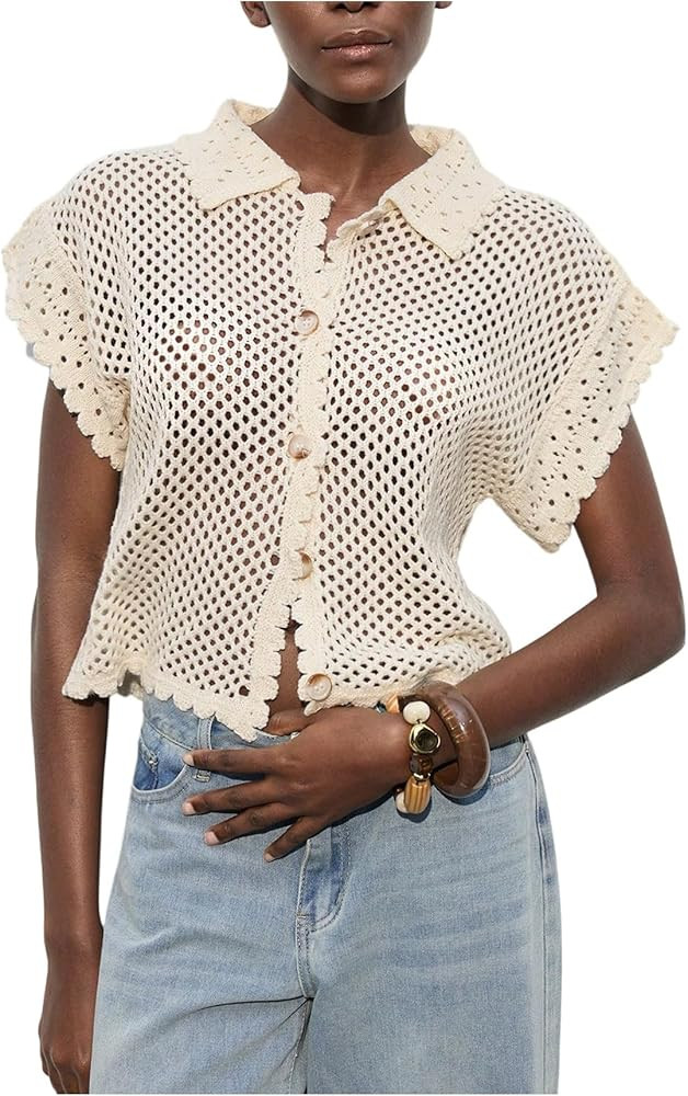 MakeMeChic Women's Crochet Cardigan Sweater Button Front Collared Short Sleeve Loose Knitted Oute... | Amazon (US)