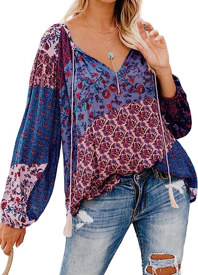 BLENCOT Women's V Neck Floral Long Sleeve Shirts Casual Loose Drawstring Blouses Tops | Amazon (US)