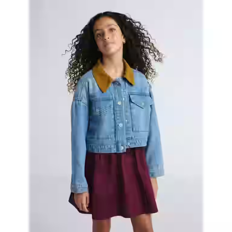 Weekend Academy Girls Denim Workwear Jacket with Corduroy Collar, Sizes 4-18 | Walmart (US)
