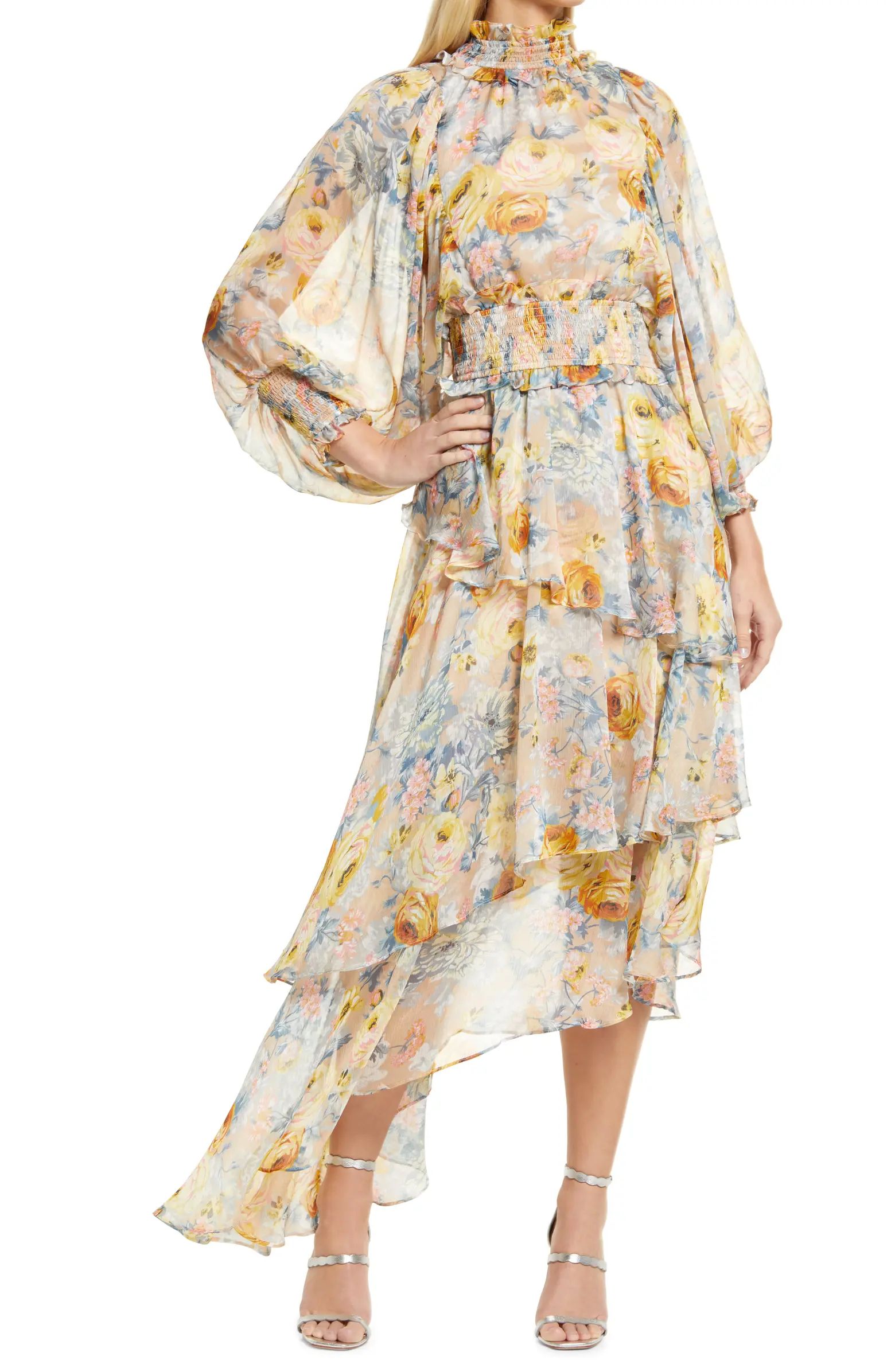 Astrid Floral Print Long Sleeve Asymmetric Chiffon Dress | Nordstrom