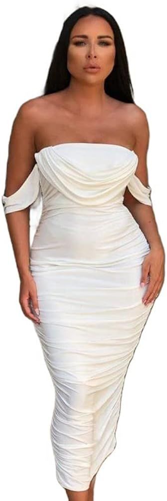 White Bardot Cowl Neck Ruched Midi Dress 10 at Amazon Women’s Clothing store | Amazon (US)