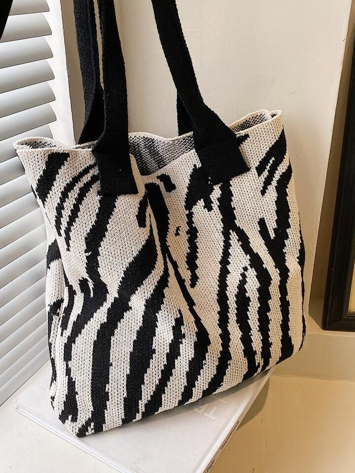 Fashionable Casual Zebra Stripe Elegant Shopping Beach Tote Bag With Color Block Crochet Pattern,... | SHEIN