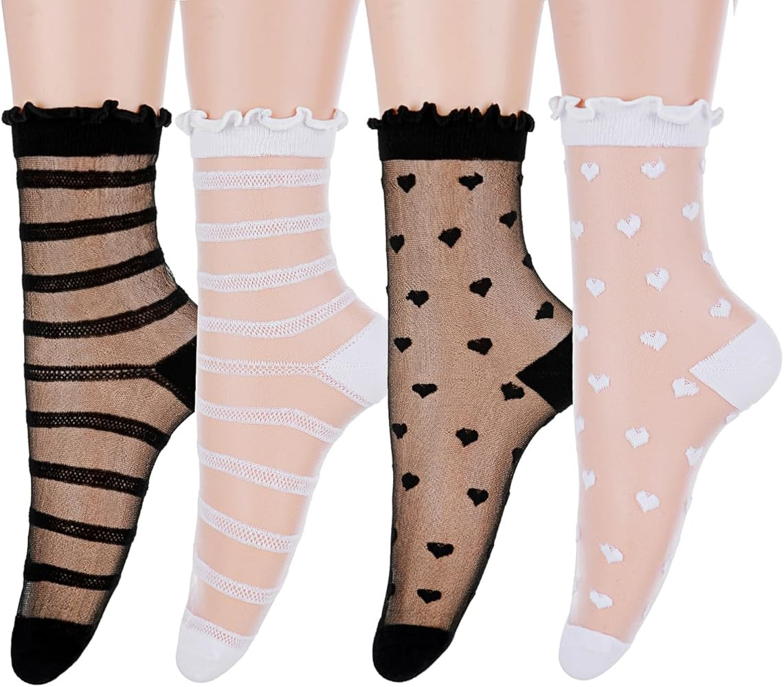 4Pairs Sheer Ankle Socks Women, See Through Ruffle Socks Ultra Thin Lace See Through Sock Cute He... | Amazon (US)
