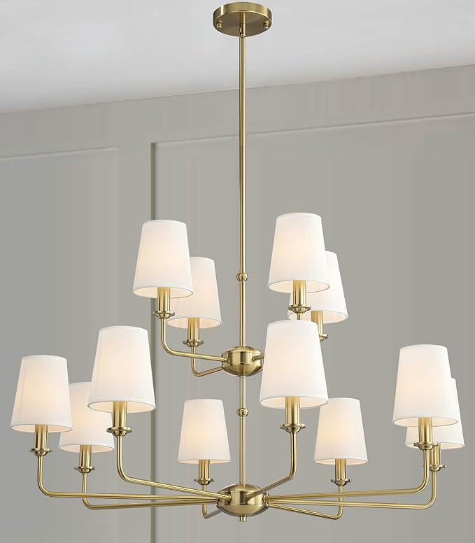 QUENEY 6-Light Brushed Gold Pendant Chandelier with Fabric Shades, E12 Base - Farmhouse & Industr... | Amazon (US)