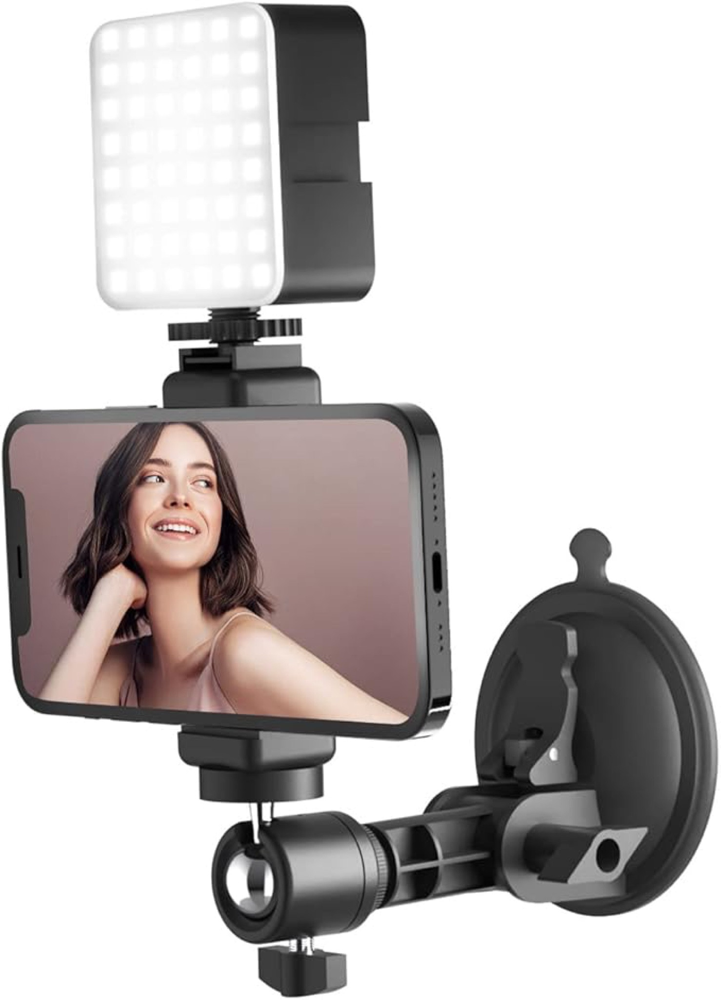 Wall mount for cell phone with light. I use this for filming in the kitchen, makeup and hair tutorials, and outside against a wall
