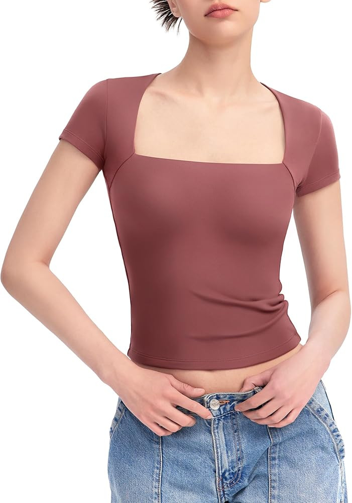 PUMIEY Women's Square Neck Going Out Tops Sexy Slim Fit Short Sleeve T Shirts Smoke Cloud Pro Col... | Amazon (US)