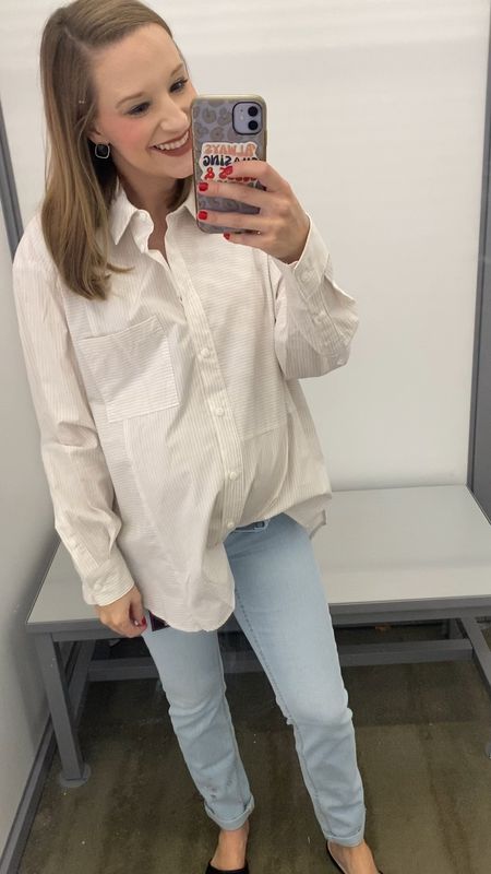 This oversized button front striped shirt at Walmart was so cute!! Spring tops at Walmart! Time and tru button front shirt! Walmart fashion! Walmart spring outfit ideas!! 