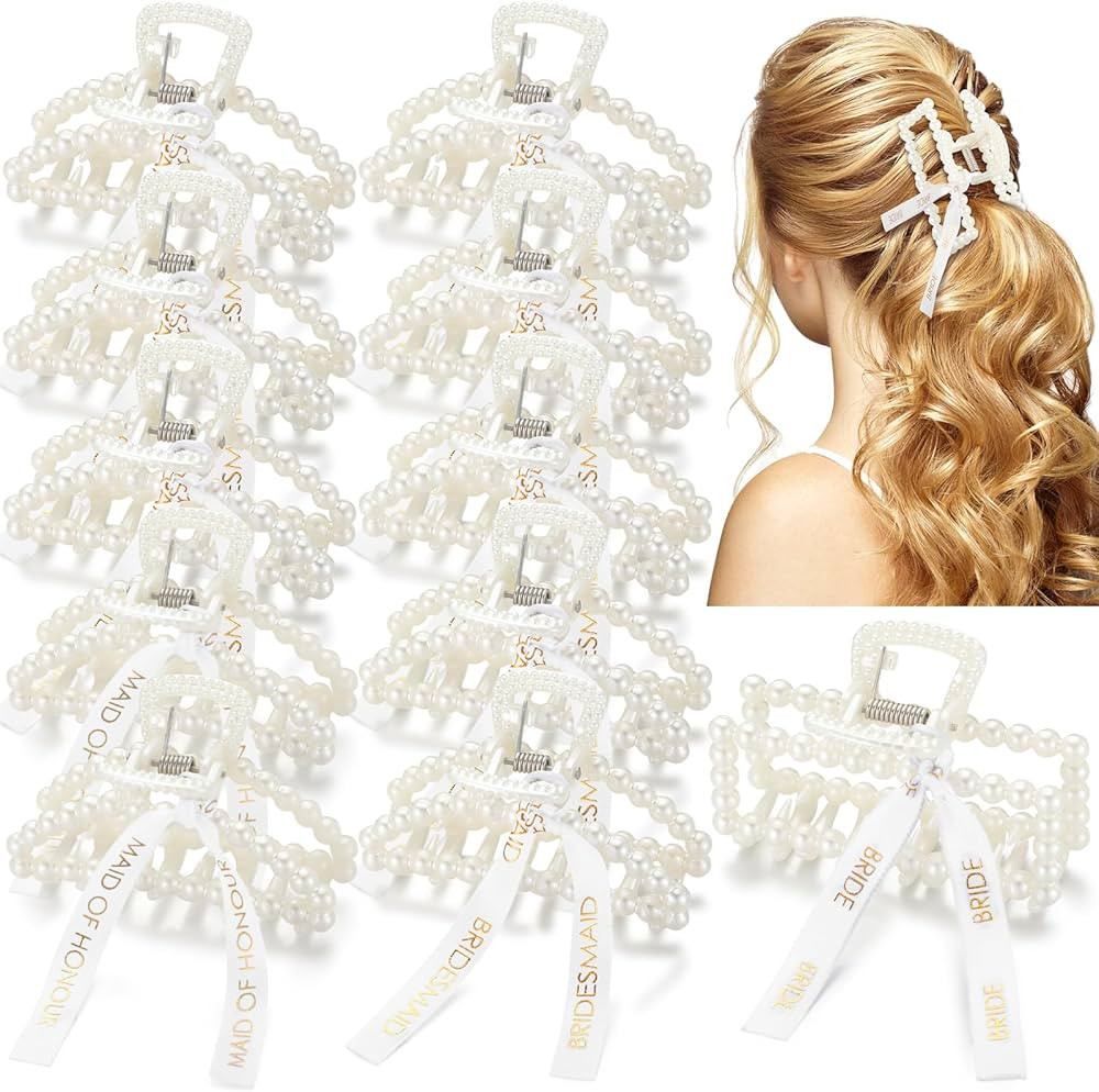 Hotop 11 Pcs Bridesmaid Pearl Hair Clips 3.15 Inch Bridal Hair Claw Clips with Ribbon Bridesmaid ... | Amazon (US)