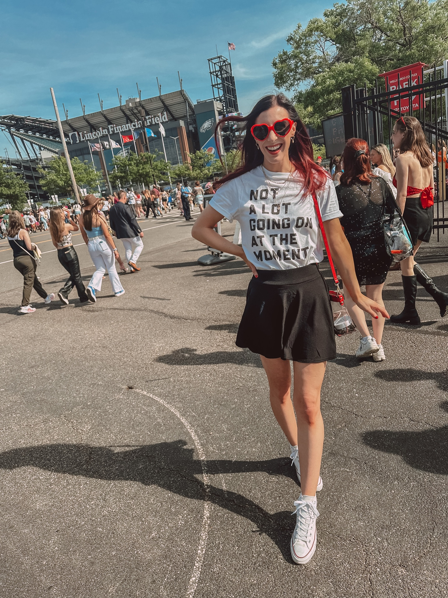 The perfect comfy, Red era-inspired outfit for the Taylor Swift concert in Philly! The Eras Tour day 3 in her hometown and it was AMAZING 😍 The skirt has concealed shorts (thank goodness because it was insanely windy) and the bag is stadium-approved! 🫶🏼 

#LTKstyletip #LTKunder50