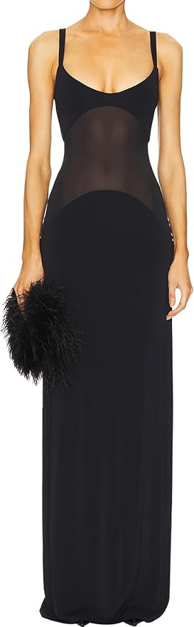 Azhong Women's Mesh Patchwork Sleeveless Scoop Neck Backless Maxi Dress Elegant Bodycon Strap Eve... | Amazon (US)