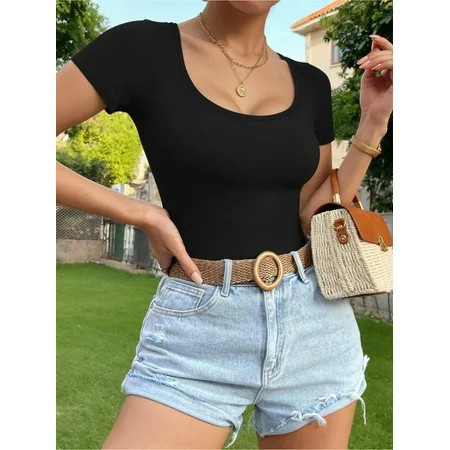 MOYIKO Scoop Neck Short Sleeve Shirts for Women Fitted Tops Tee Size Medium | Walmart (US)