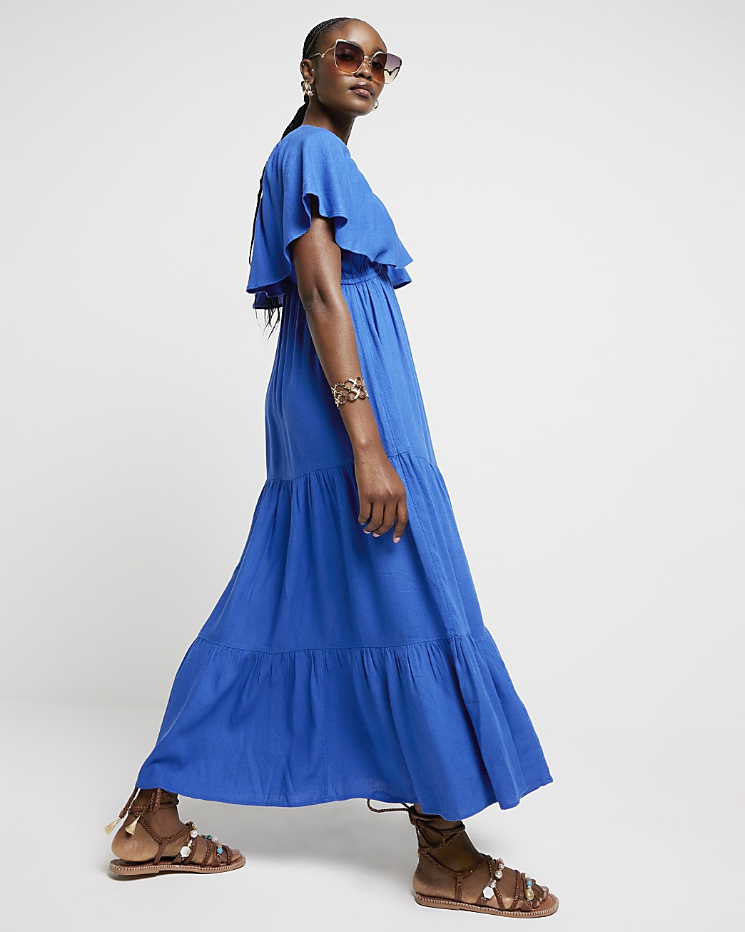 Blue frill sleeve smock maxi dress | River Island (UK & IE)