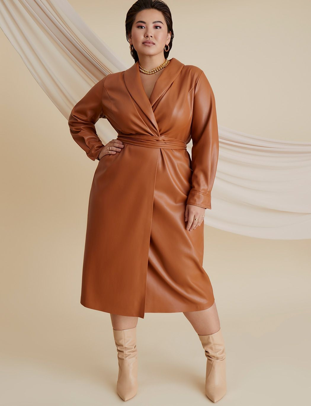 Shawl Collar Vegan Leather Dress | Eloquii