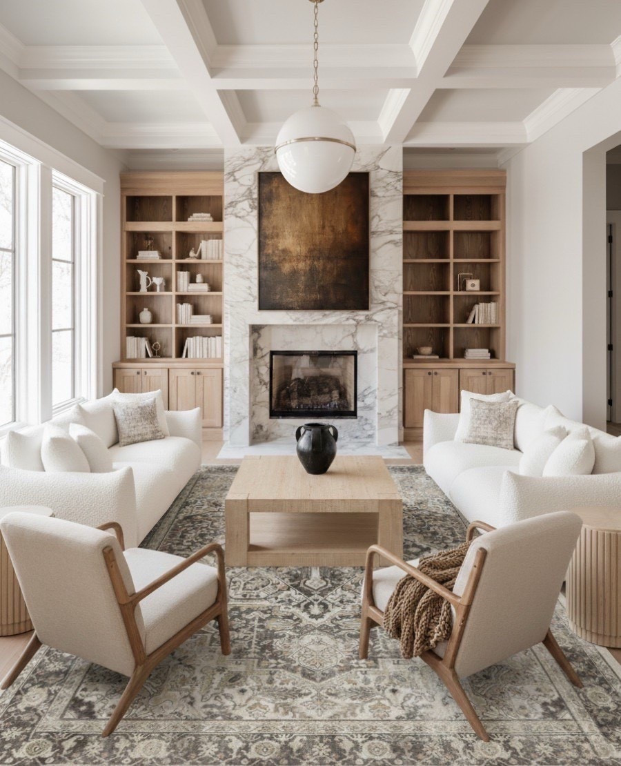 A warm, refined living room layered with soft neutrals, organic textures, and rich, earthy tones. The space centers around the marble fireplace, its veining in warm taupes and soft grays creating a striking yet elegant focal point. Above it, the deep bronze and amber abstract artwork adds a dramatic wash of color and brings warmth to the cool stone.

Framing the fireplace are natural oak built-ins in a light honey tone, styled with cream ceramics, warm wood accents, and neutral books that keep the look calm and curated. The coffered ceiling in crisp white adds architectural depth and enhances the room’s bright, airy feel.

The seating area mixes comfort with classic lines:
• The ivory textured armchairs with natural oak frames add warmth and sculptural beauty.
• The cream sofa keeps the palette light and serene, styled with taupe and beige patterned pillows for subtle depth.
• Draped over the side, the chunky knit throw in warm caramel brown brings in a cozy, grounded texture.

At the center, the light oak coffee table in a sandy beige tone anchors the space with clean lines and a soft matte finish. A charcoal black ceramic vase adds contrast and a modern touch.

Underfoot, the vintage-style rug ties everything together with its muted blend of taupe, warm gray, ivory, and soft olive—a perfect foundation that echoes both the artwork and the marble.

Overhead, the white globe pendant with brushed brass trim brings a soft, diffused glow and complements the room’s warm wood accents.

✨ Shop the look:
Marble fireplace | Bronze abstract artwork | Natural oak built-ins | Ivory textured armchairs | Cream sofa | Taupe patterned pillows | Caramel chunky knit throw | Light oak coffee table | Charcoal ceramic vase | Neutral vintage rug | White globe pendant with brass trim 

#LTKHome #LTKSaleAlert