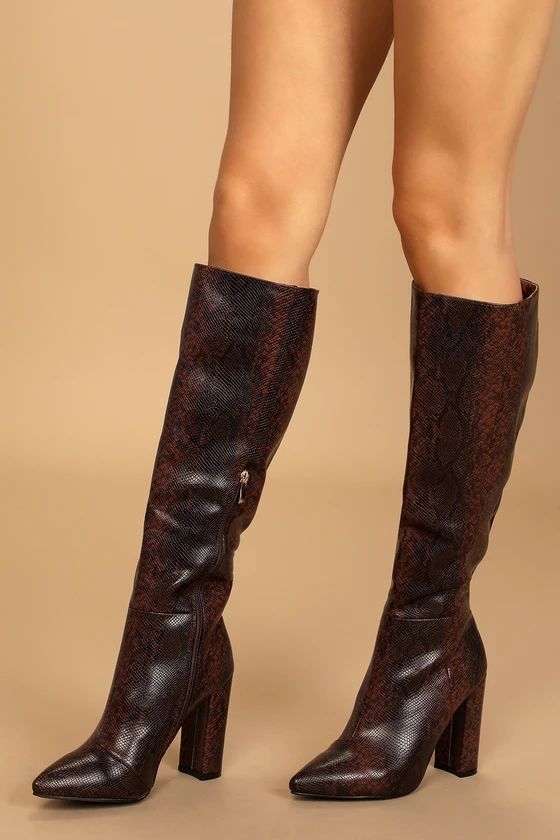 Milla Mahogany Python-Embossed Pointed-Toe Knee-High Boots | Lulus (US)