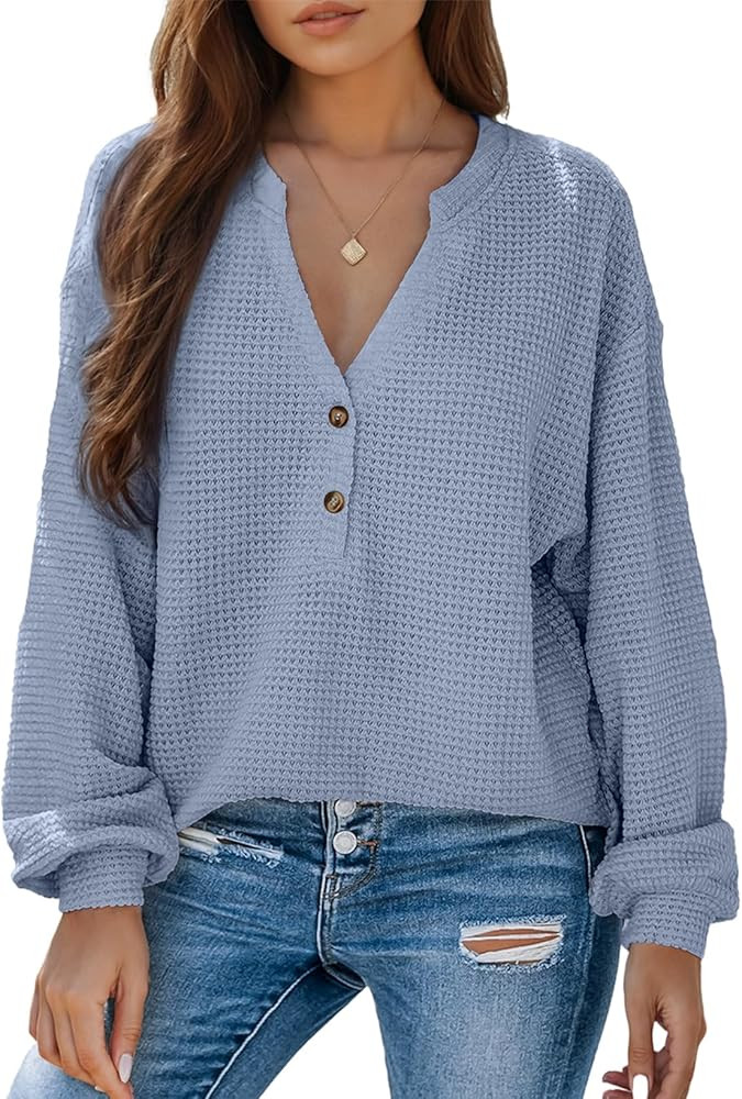 Dokotoo Womens Waffle Knit Tops 2025 Dressy Casual Button Shirts Long Sleeve V Neck Blouses Basic... | Amazon (US)