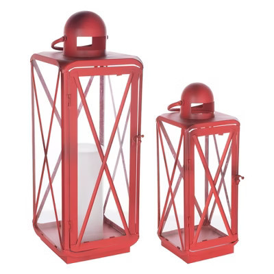 HomeRoots Set of Two Red Geometric Metal Centerpiece Lantern Candle Holders | Target