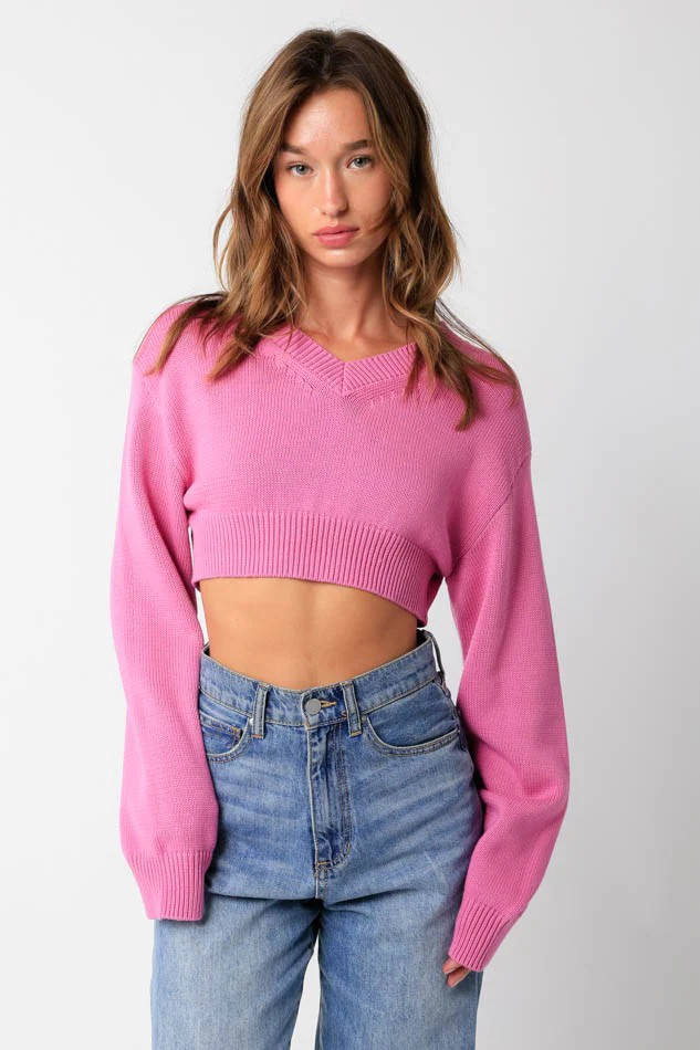 Mandie Pink V-Neck Sweater Crop L | Boho Pink