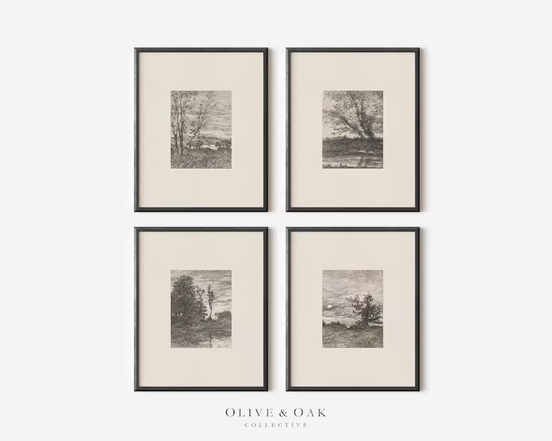 Set of 4 Vintage Drawings / Neutral Art Prints / Minimalist - Etsy | Etsy (US)