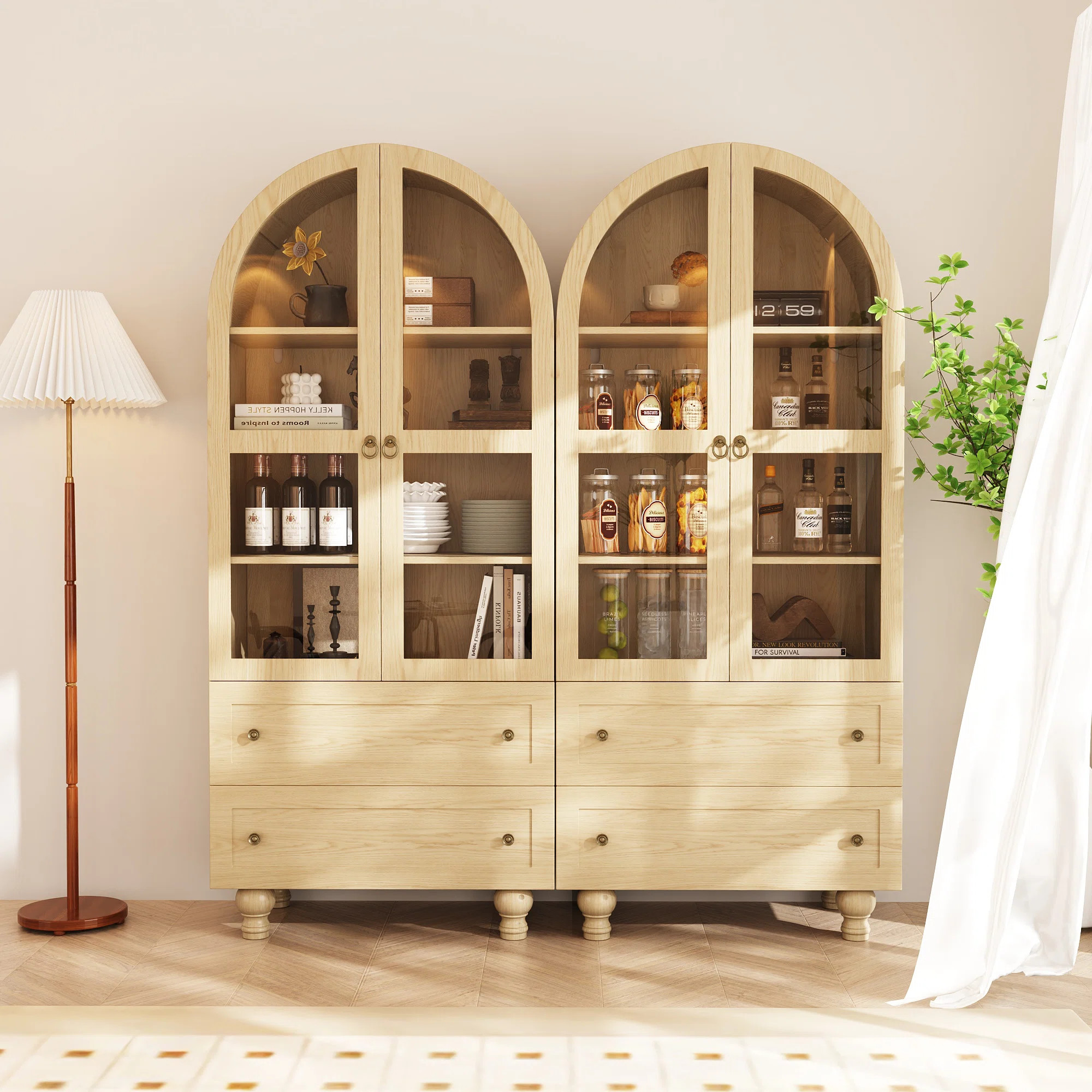71'' Kitchen Pantry Storage Cabinet With Bookcases, Glass Display Doors and 4 Drawers(Set Of 2) | Wayfair North America
