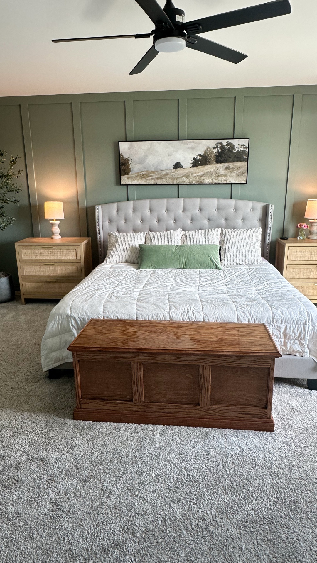 We turned our, very builder grade, primary bedroom into my favorite room in the house so far. It was a simple and cost effective project that really made a difference🥰
•
•
#primarybedroom #bedroomideas #bedroommakeover #bedroomfurniture #diyhomeprojects #accentwall 

#LTKStyleTip #LTKHome