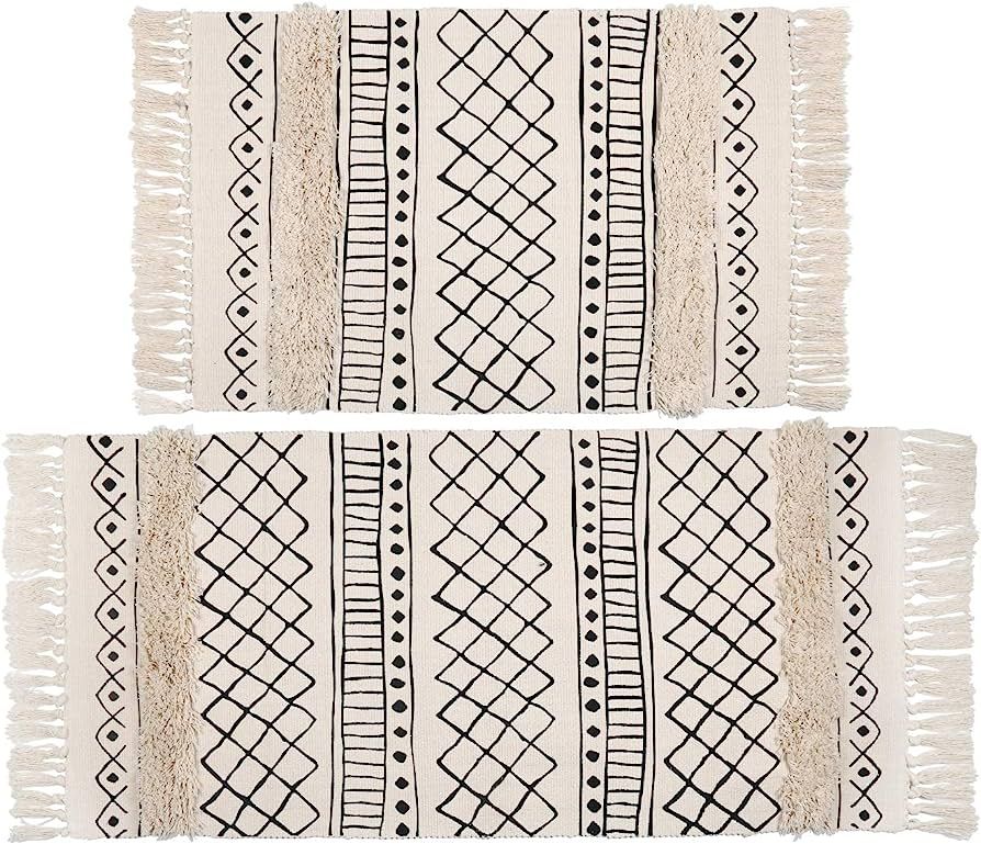 Topotdor Tufted Cotton Area Rug 2 Pieces,Hand Woven Print Boho Tassels Floor Rugs Perfect Bedroom... | Amazon (US)