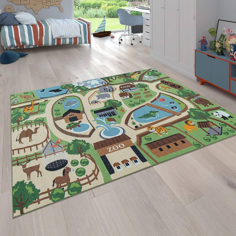 Kids Play Mat Rug Zoo Animal Park - Non Slip Rug for Playroom in Green Beige, Size: 2'8" x 4'11" | Amazon (US)