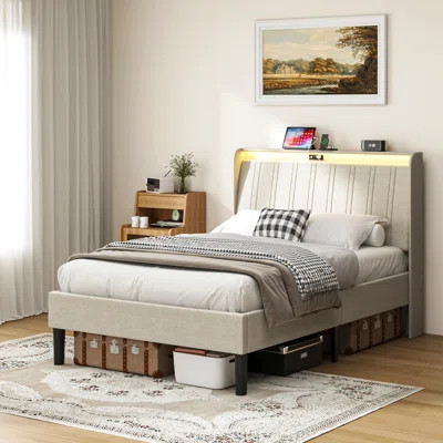 Platform Bed Frame With Fabric Upholstered Headboard And Wooden Slats Support, Fully Upholstered Mattress | Wayfair North America