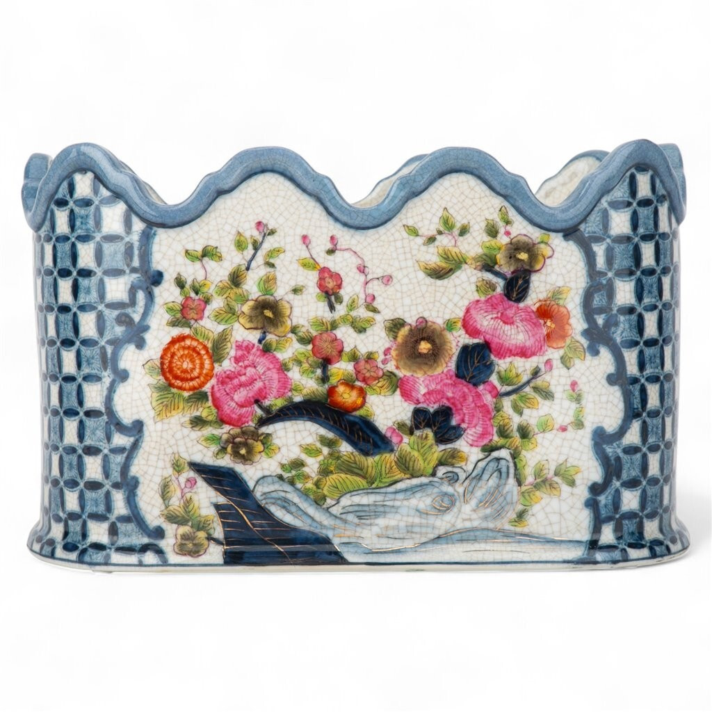 Garden trellis blue floral scalloped top oval PORCELAIN PLANTER | eBay US