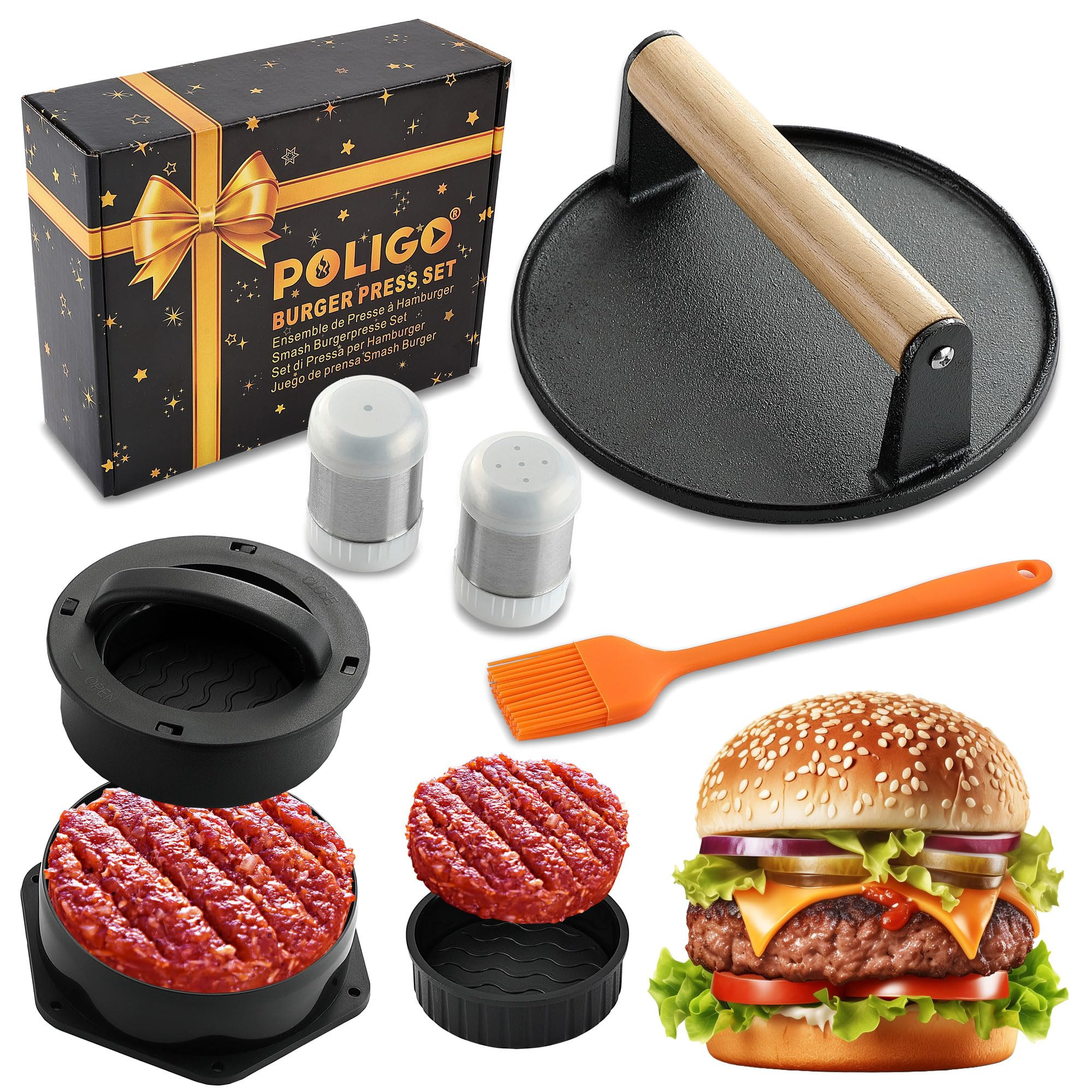 POLIGO Smash Burger Press Kit - 4 in 1 Hamburger Patty Storage Containers,6.69" Round Cast Iron S... | Amazon (US)
