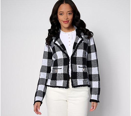 Isaac Mizrahi Live! Gingham Sweater Cardigan w/ Patch Pockets - QVC.com | QVC