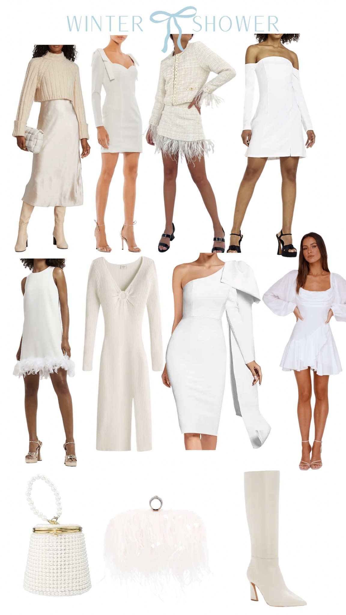 Winter bridal shower // bridal looks // bridal shower // white dress // white winter // white long sleeve dress // white feather dress // white sweater dress // white tweed 

#LTKsalealert #LTKwedding #LTKunder100