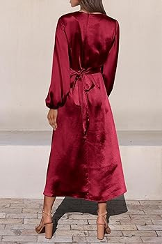 PRETTYGARDEN Women's Fall Fashion 2023 Long Sleeve Satin Dress Tie Back Casual Flowy Midi Dresses | Amazon (US)