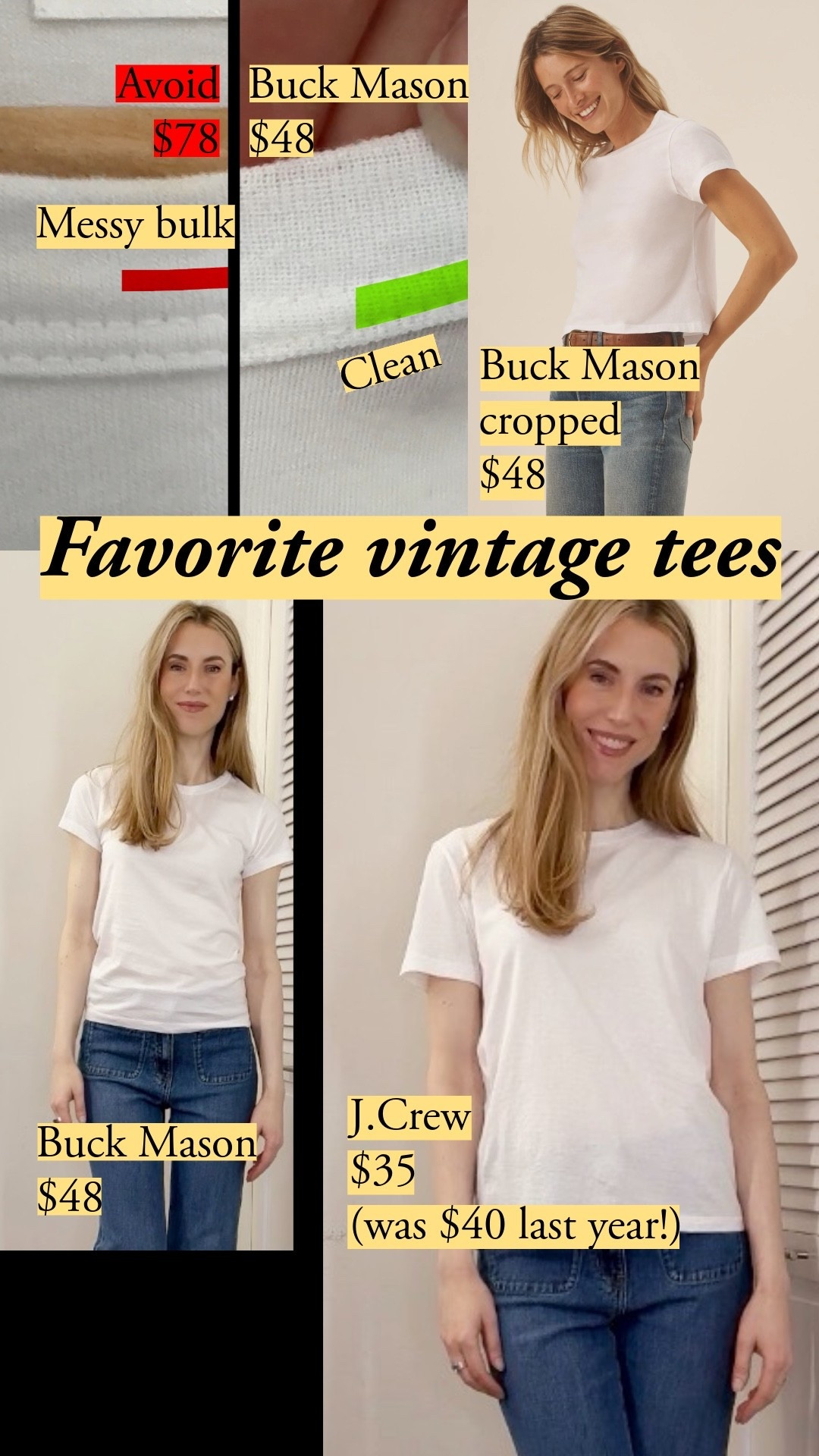 That silky, worn-in cotton. A fluid drape that traces your shape. But we still want a collar that keeps it polished, not sloppy. I got the Buck Mason shirt in the slim cut in order to compare it against "standard" tees last year. The cropped boxy cut is what I'd actually wear and recommend. Buck Mason and J.Crew are TTS, i'm wearing small in both. white t-shirt, classic white tee, best white tee, Buck Mason pima crew, J.Crew vintage tee, capsule wardrobe basics, quiet luxury tee, elevated basics, wardrobe staples, quality t-shirt, boxy white tee, fitted white tee, white tee outfit, pima cotton t shirt, organic cotton

#LTKootd