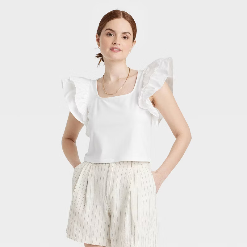 Women's Double Flutter Short Sleeve Slim Fit Top - A New Day™ | Target