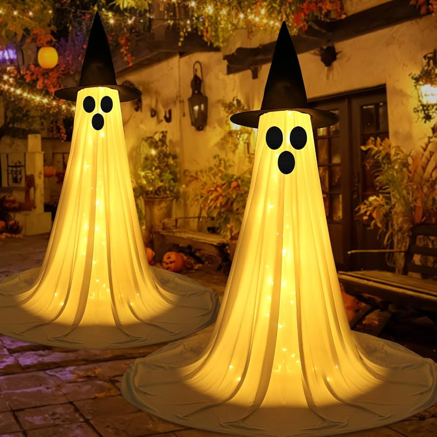 Forwe Halloween Decorations Outdoor, 2 Pack DIY Light Up Ghost Halloween Decor with Witch Hat-Bat... | Amazon (US)