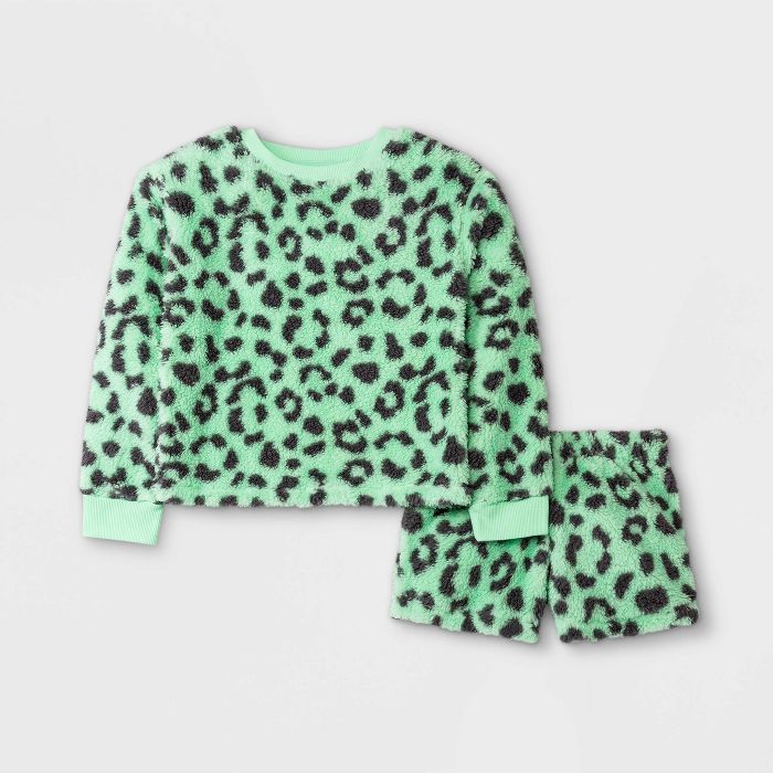 Girls' Cozy Animal Print Sherpa Pajama Set - art class™ Mint Green | Target