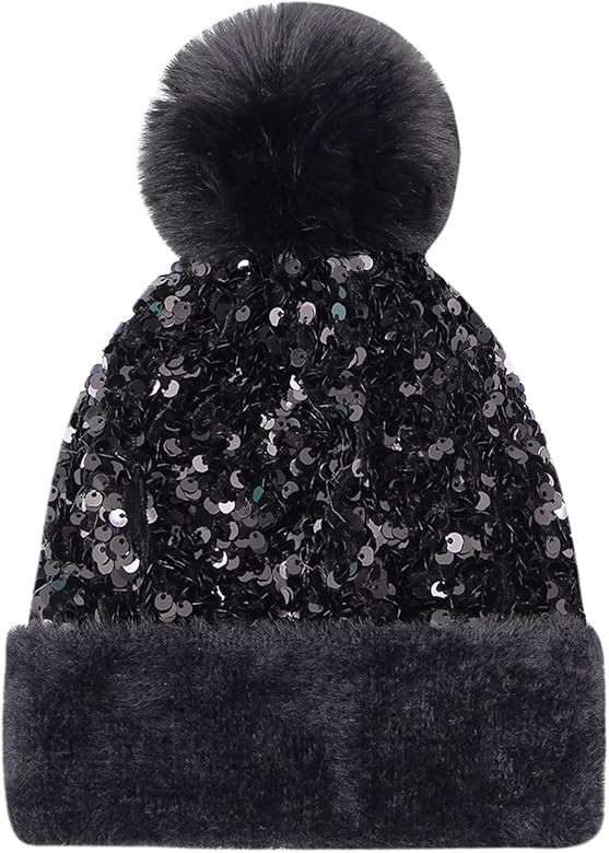 Caviotess Women Sparkly Sequins Knitted Beanie Hat Warm Winter Skull Cap with Faux Fur Pom Pom | Amazon (US)