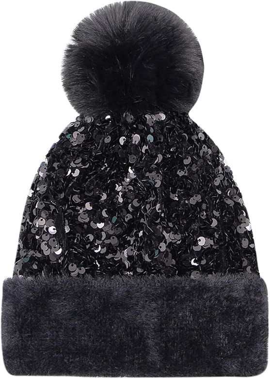 Caviotess Women Sparkly Sequins Knitted Beanie Hat Warm Winter Skull Cap with Faux Fur Pom Pom | Amazon (US)