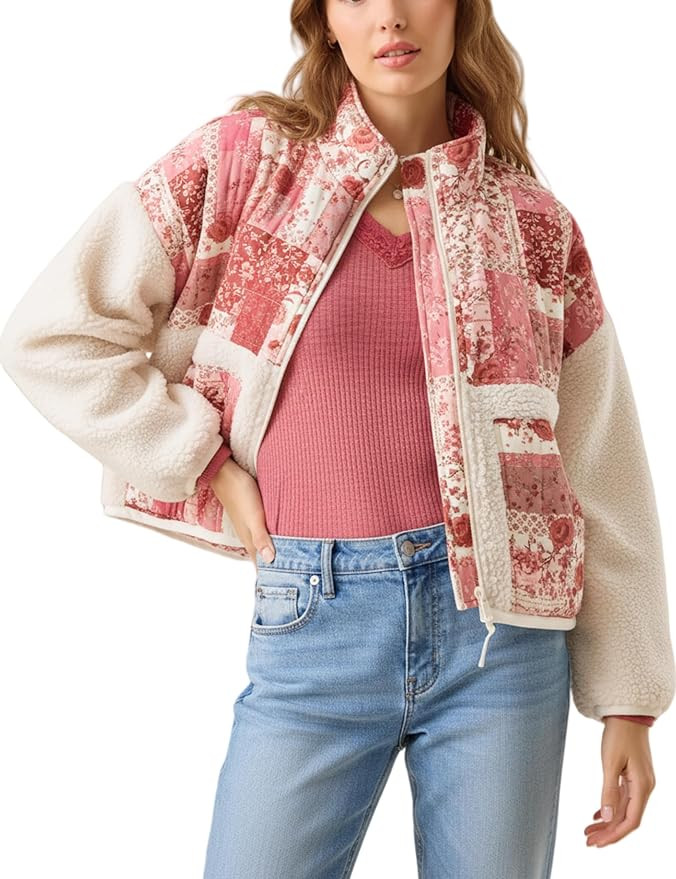 ZIZERY Fleece Jacket Women Zip Up Fall Jackets Floral Printed Patchwork Drop Shoulder Lightweight... | Amazon (US)