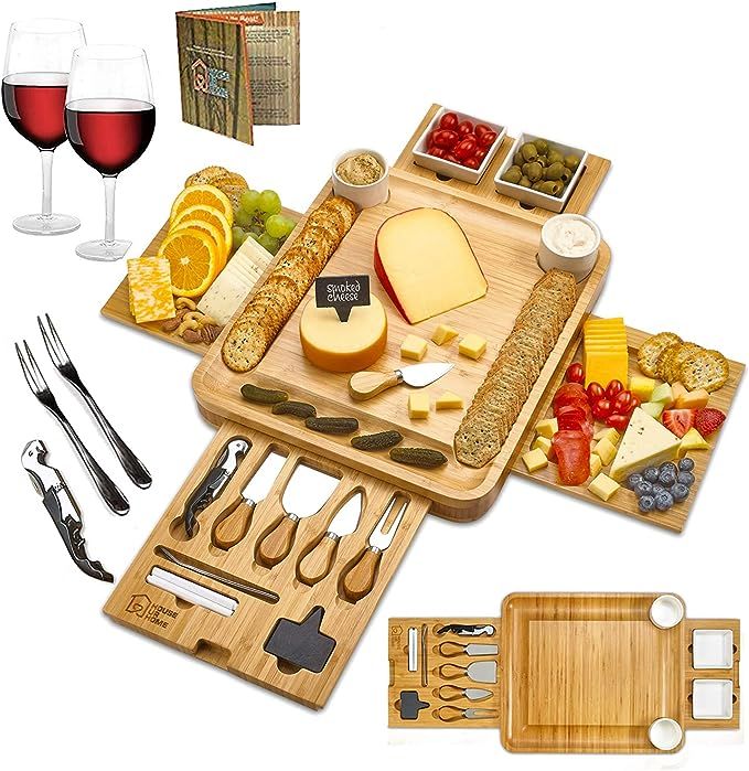 Cheese Board 2 Ceramic Bowls 2 Serving Plates. Magnetic 4 Drawers Bamboo Charcuterie Cutlery Knif... | Amazon (US)
