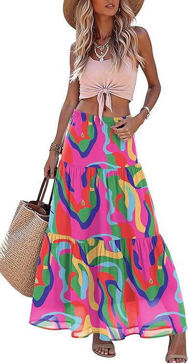 Jouica Women's Pleated Skirt Chiffon A-Line Elastic High Waist Flowy Double Layer Causal Maxi Ski... | Amazon (US)